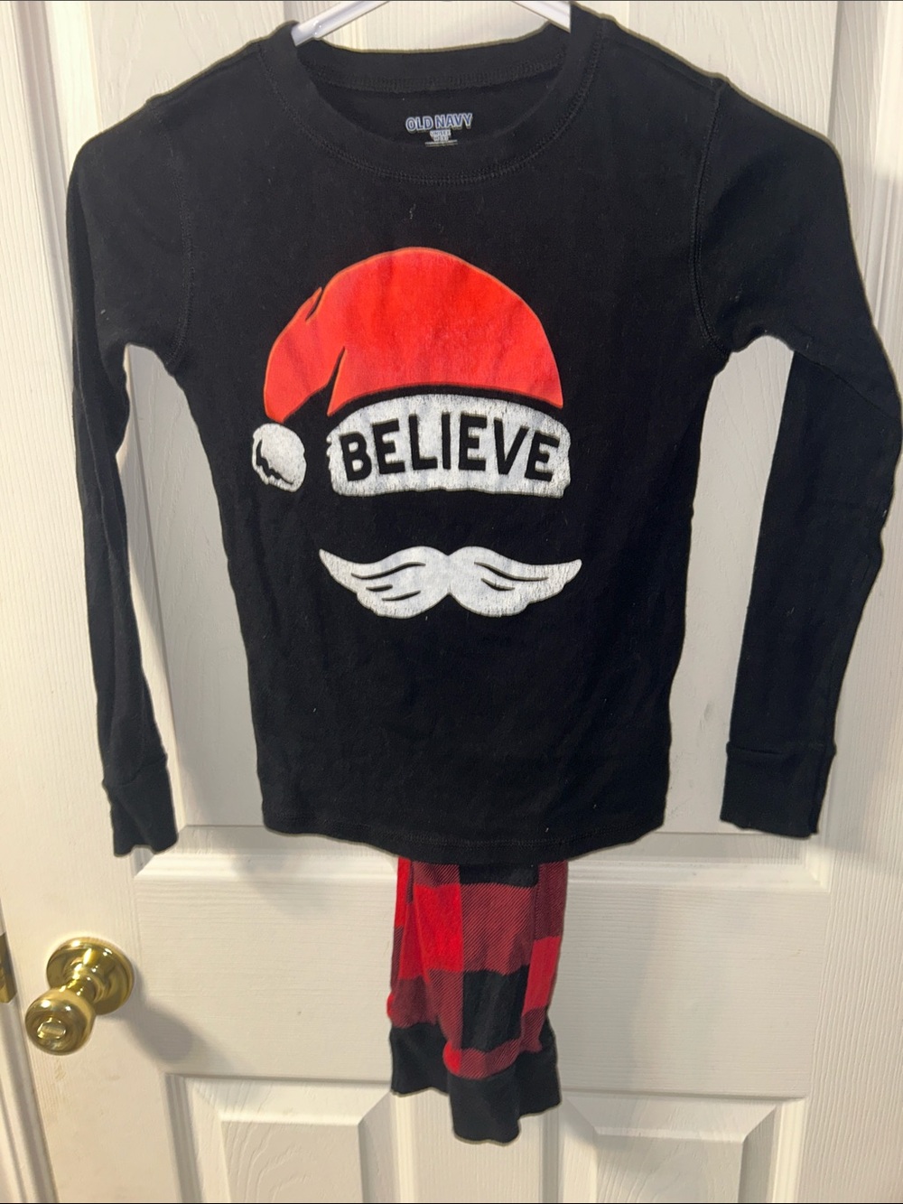 Old Navy Black Top with Red & White Santa Graphic and Red Plaid Pants Pajama Set